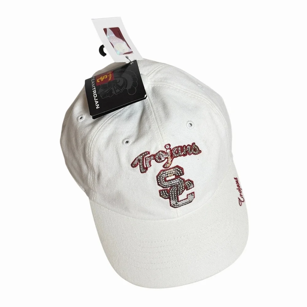 NWT USC Trojans‎ Womens White Sequin Logo Baseball Cap Hat Team Trojan New